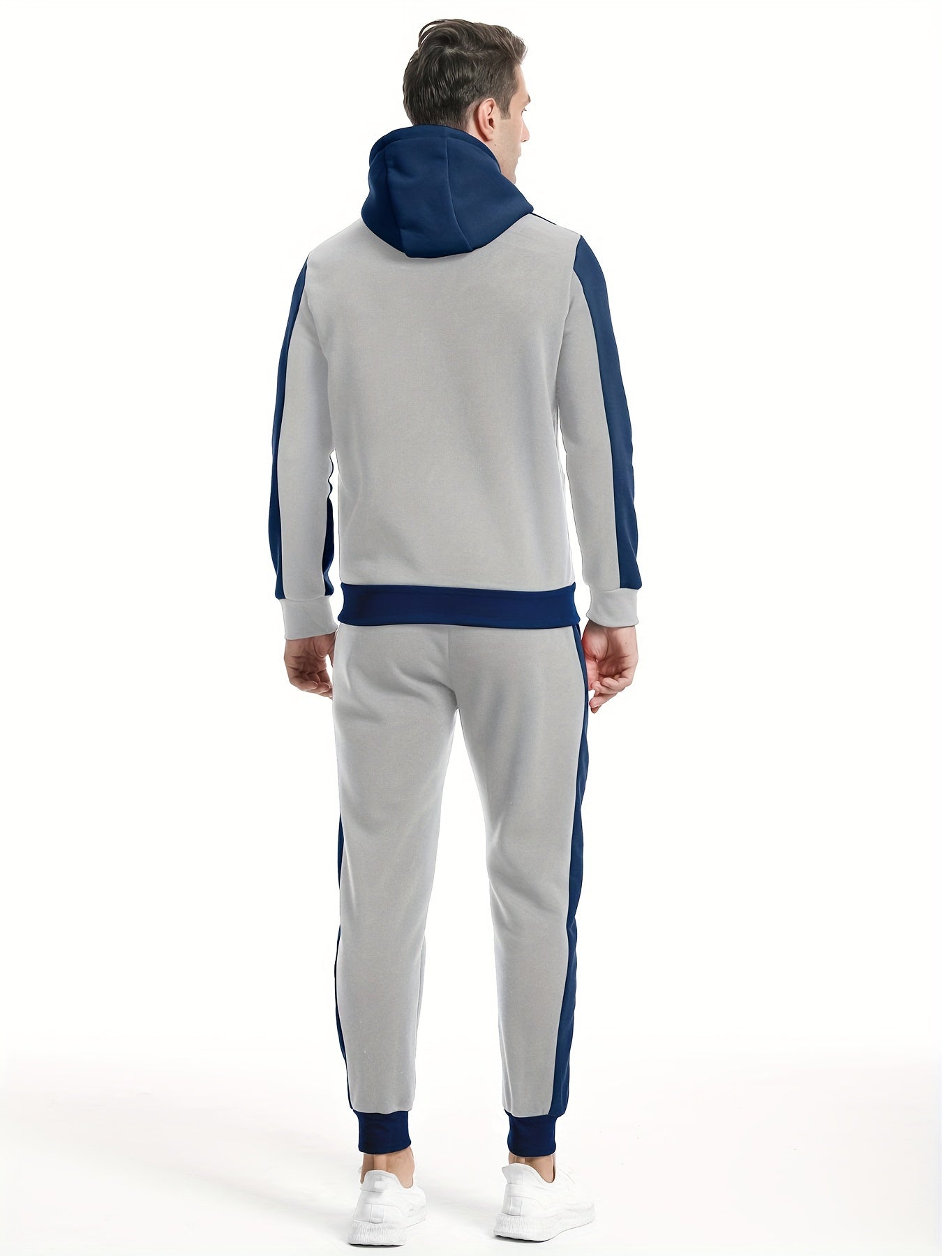 Men'S Casual Hoodie Set for Autumn And Winter, Featuring a Hooded Sweatshirt And a Sporty Cardigan in a Patchwork Design.