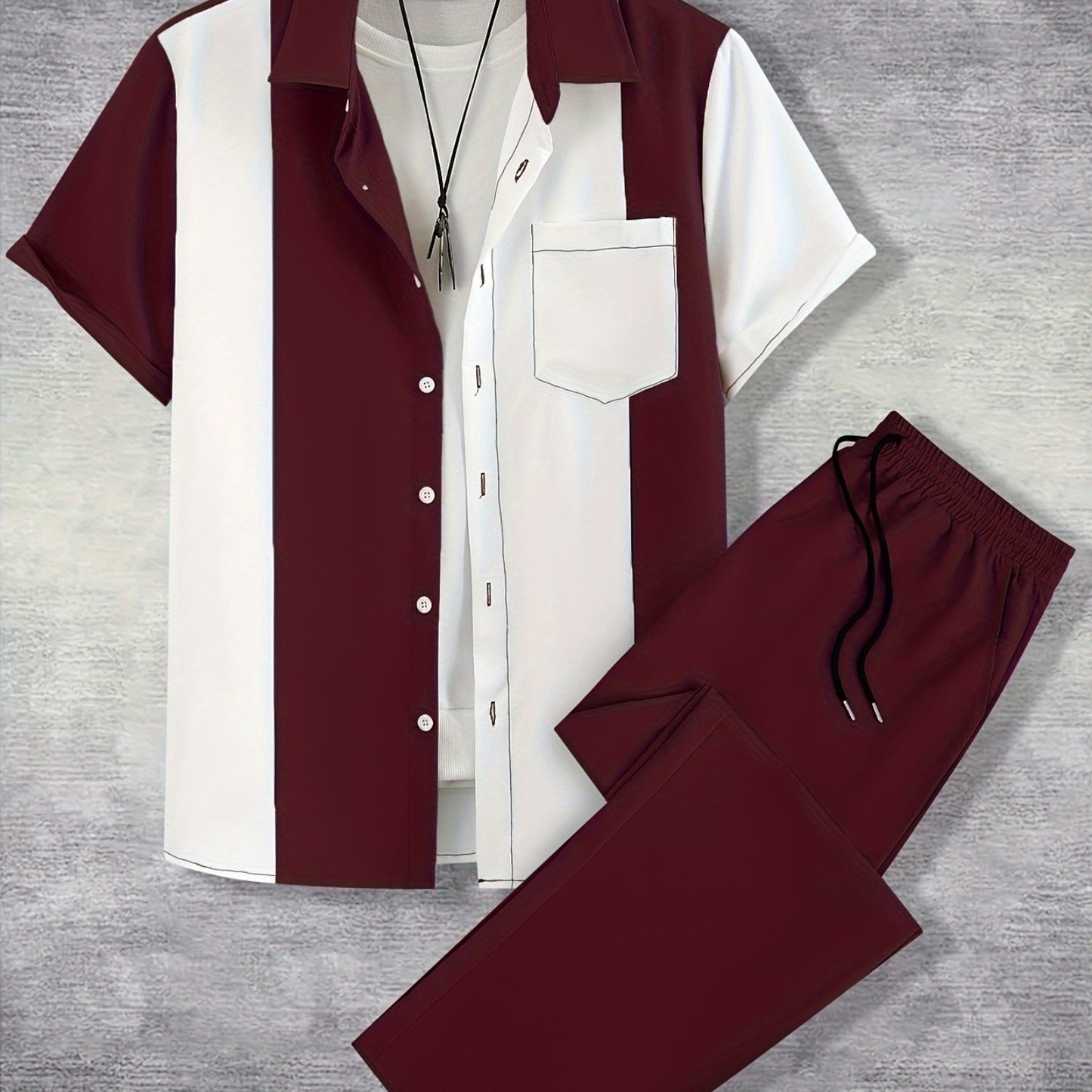 Men'S Casual Two-Piece Spring/Summer Color Block Short Sleeve Shirt and Pants Set - Polyester, Regular Fit, Button-Up with Pocket, No Belt, All-Season Wear, Casual Attire|Casual Style|Polyester Fabric