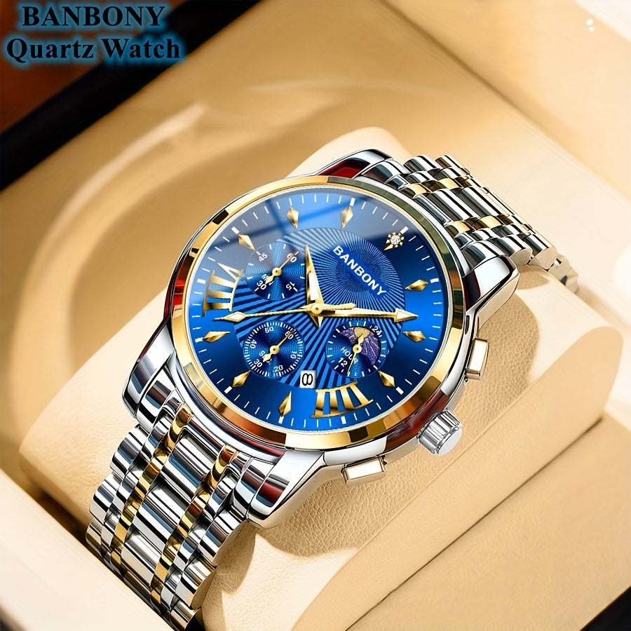 BANBONY Automatic Quartz Watch for Men & Women - Stainless Steel Strap, Blue & Golden HD Large Dial, IPX7 Waterproof, Rhinestone Accents, Date Calendar, Luminous Hands - Casual Fashion Unisex Watch for Birthday Holiday Gifts,