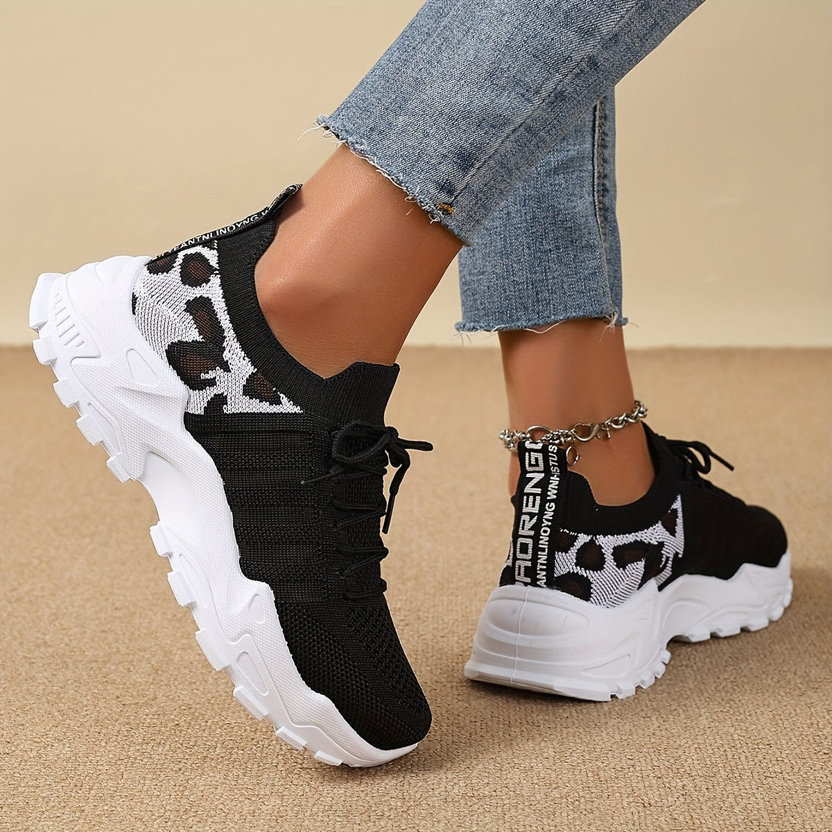 Women's Fashion Leopard Print Lace-Up Sneakers, Breathable Mesh Walking Shoes for Spring/Summer, Lightweight Comfortable Casual Sports Control Footwear with PVC Sole and Microfiber Insole
