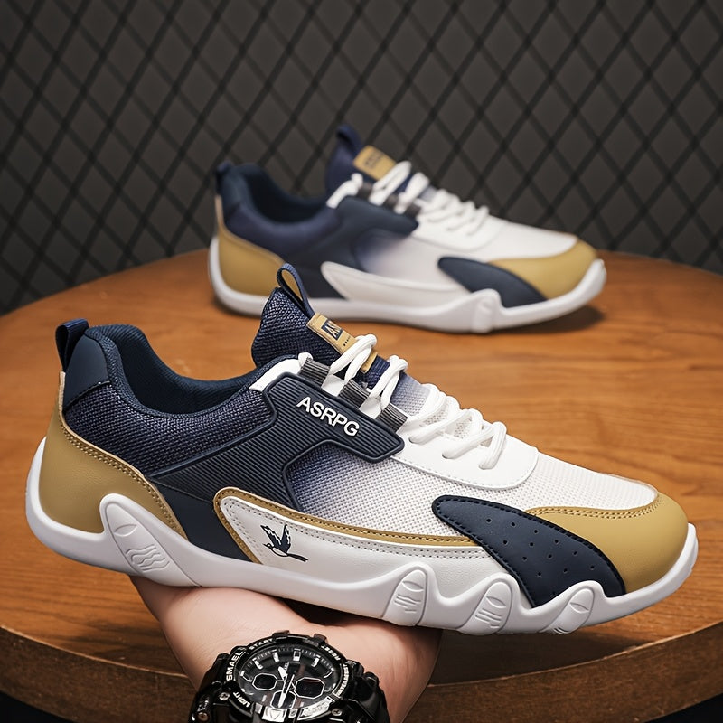 Men's Breathable Low-Top Casual Sneakers - Sporty Lace-Up Walking Shoes with Navy/White/Golden Accents, All-Season Outdoor & Everyday Comfort, Durable Fabric Upper & PVC Sole, Comfortable Footwear, Sleek Shoe Design, Lightwei