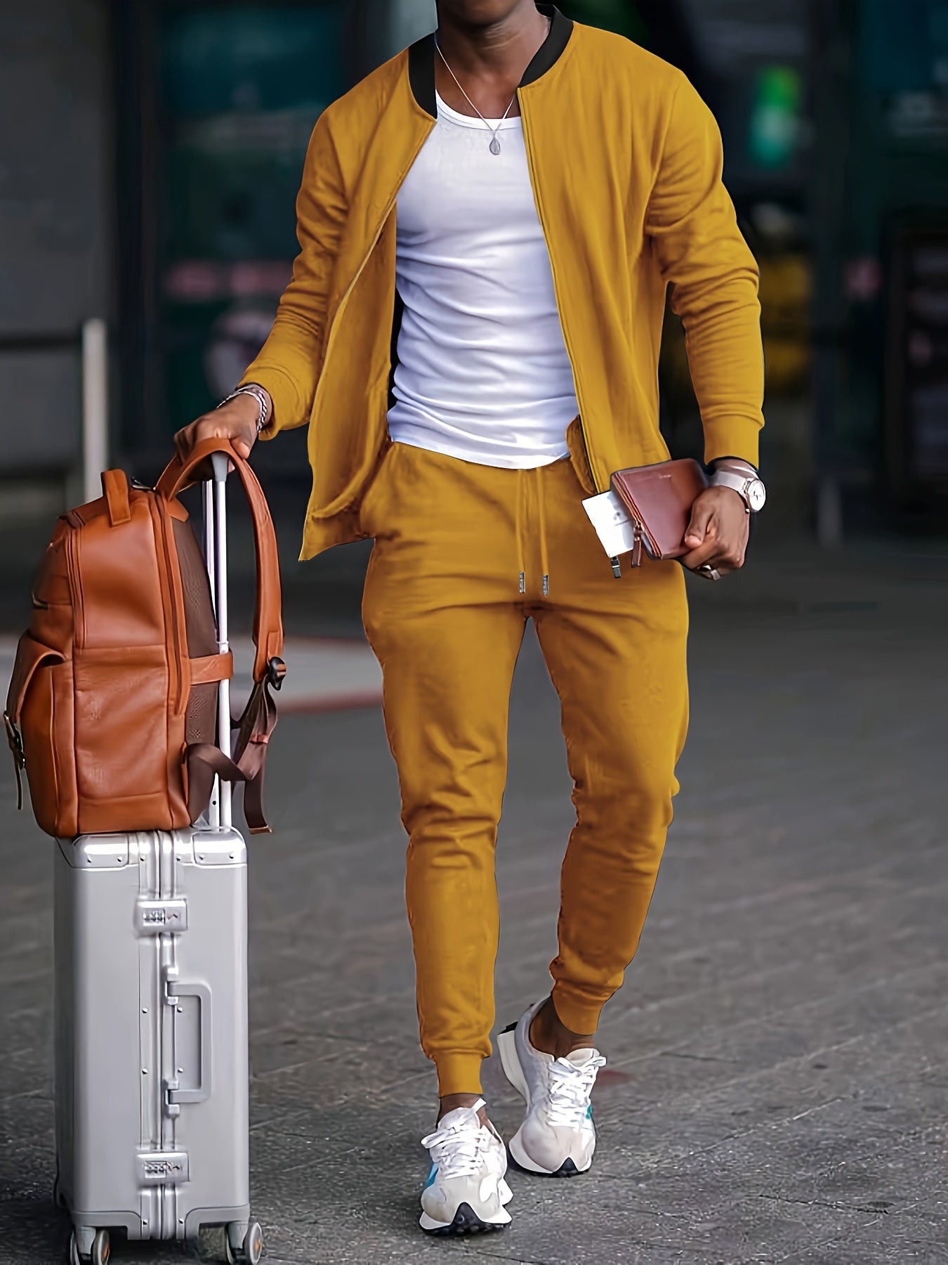 Men's Casual Fashion Suit Set - Polyester, Stand Collar Zip-Up Jacket & Drawstring Pants for Spring/Fall