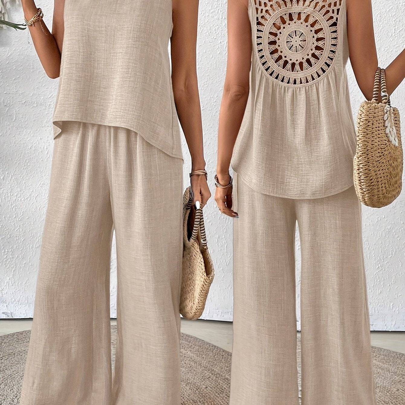 Women'S Summer Backless Cut-Out Panel Tank Top + Wide Leg Pants Set - Casual, Simple, Sleeveless, Polyester, Light Beige, Perfect for Spring/Summer, Casual Attire|Backless Top|Polyester Fabri