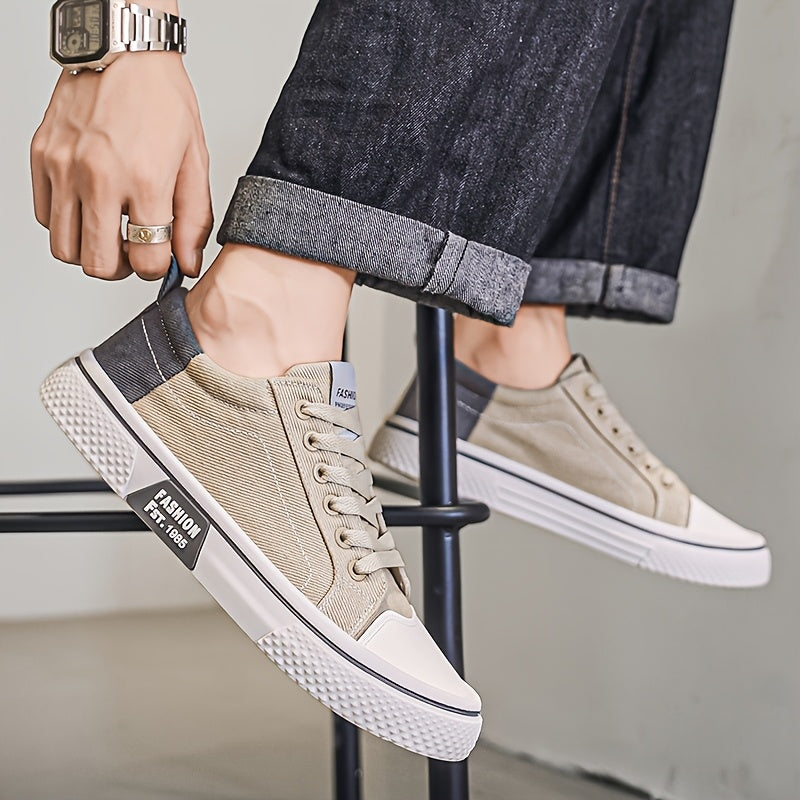 Men's Breathable Canvas Sneakers - Low-Top Lace-Up Skate Shoes, Fashionable Casual & Sporty Design with Green & Beige Color Block, Non-Slip PVC Sole for Casual Attire, Outdoor Sneakers | Laceup Closure | Stylish Lowtops