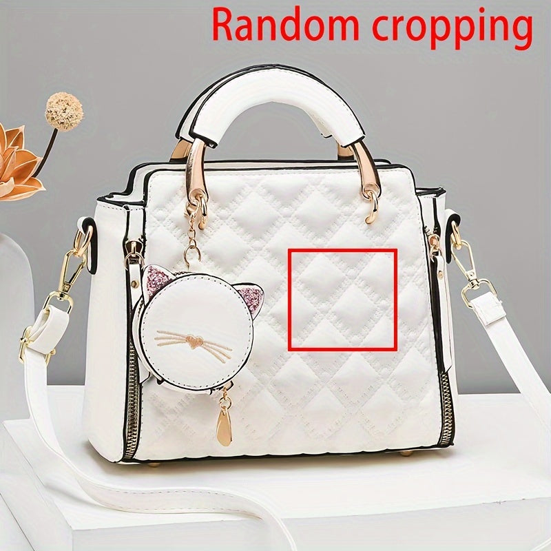 Women'S Fashion 2023 Embroidered Cat Design Messenger Bag, Removable Strap, Zipper Closure, Polyester Lined, Casual Shoulder Handbag with Edge Paint Detail