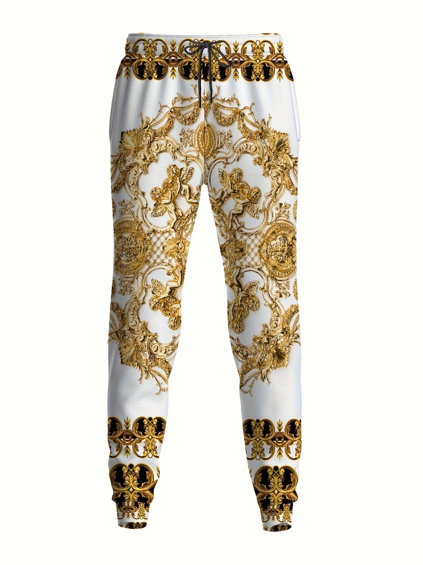 Luxury Golden Baroque Print Long Sleeve T-Shirt and Pants Set, Casual Spring/Fall Polyester Fiber, Full Print, Round Neck, Regular Fit