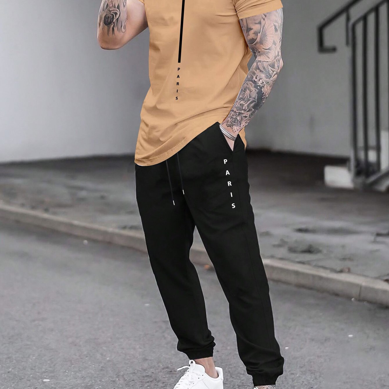 1set Men'S Casual Sportswear Set, Geometric Pattern Short Sleeve T-Shirt and Drawstring Joggers, Knitted Polyester and Elastane Blend, Round Neck, Regular Fit, Four Seasons Outfit