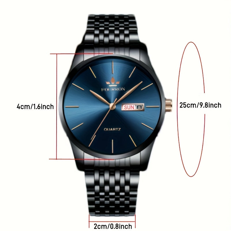 An Ideal Choice For A New FOURRON Brand Men's Luxury Stainless Steel Strap Simple Dial Quartz Watch With Date Calendar, Trendy Fashion Sports Casual Lifestyle Travel Multi-function Watch, Ideal For Friends' Birthdays, Holiday