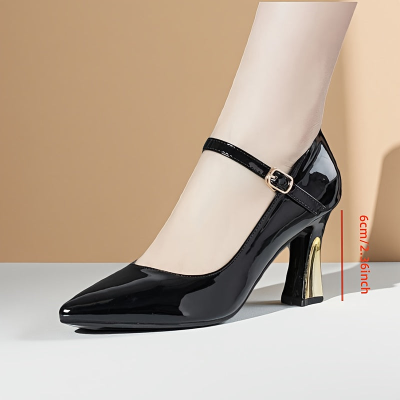 Women's Burgundy Synthetic Cover Mary Jane High Heels - Pointed Toe Chunky Block Heel with Adjustable Ankle Strap & Golden Buckle, Glossy Finish for Spring, Casual & Formal Events, Casual Chic Shoes | Pointed Toe Heels | Dura