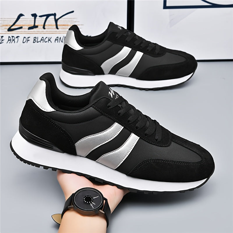 AOPLUS Men's Breathable Casual Running Shoes - Lightweight Low-Top Sneakers with PU Upper & Rubber Sole, Black & White Design for Training, Gym, Casual Attire