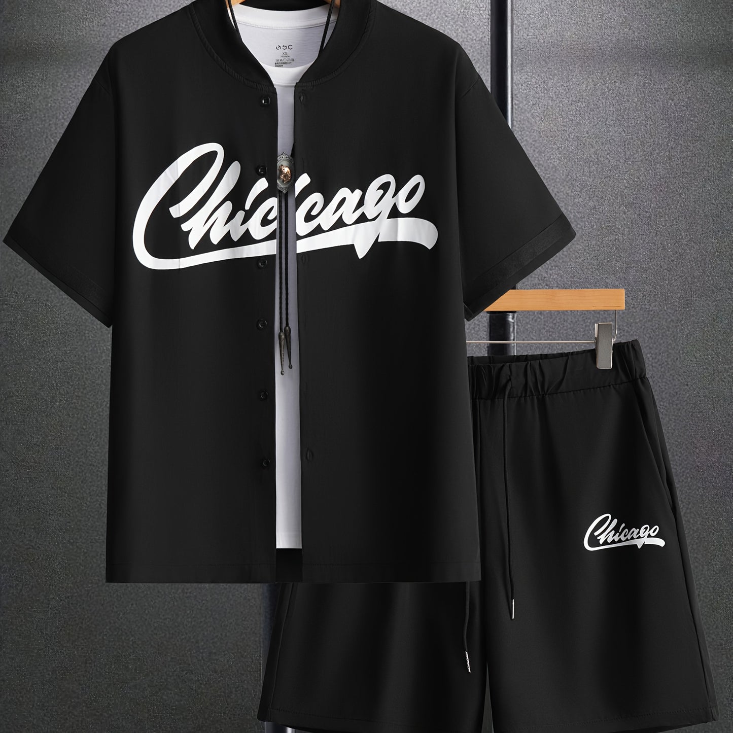 Men's Chicago Letter Print Casual Short Sleeve Baseball Shirt with Printed Webbing + Drawstring Shorts Two-Piece Set