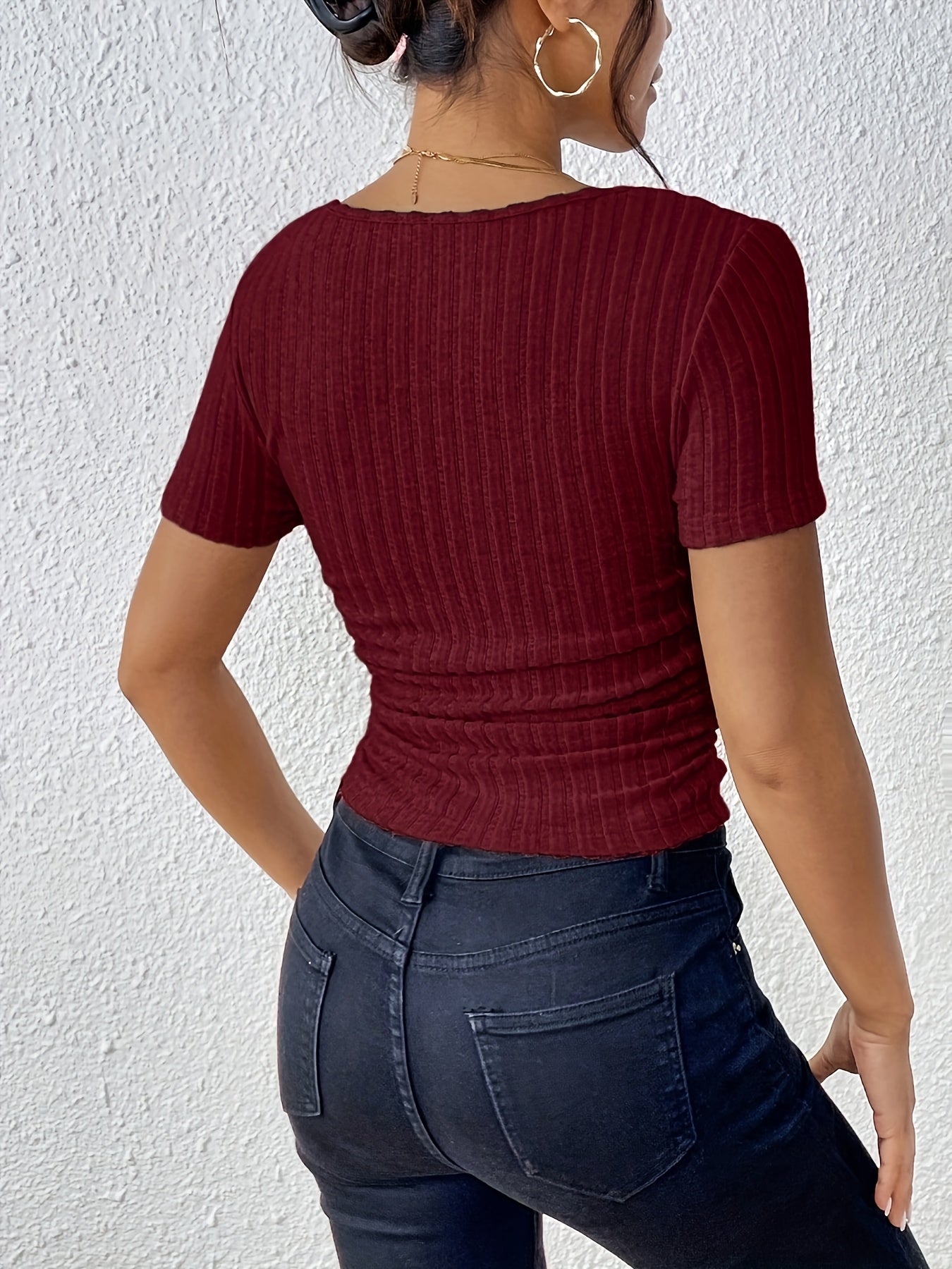 Elegant French Square Neck Ruched Side T-Shirt - Black, Stretchy & Machine Washable, Perfect for Spring/Summer, Casual Chic Style, Ladies T Shirts