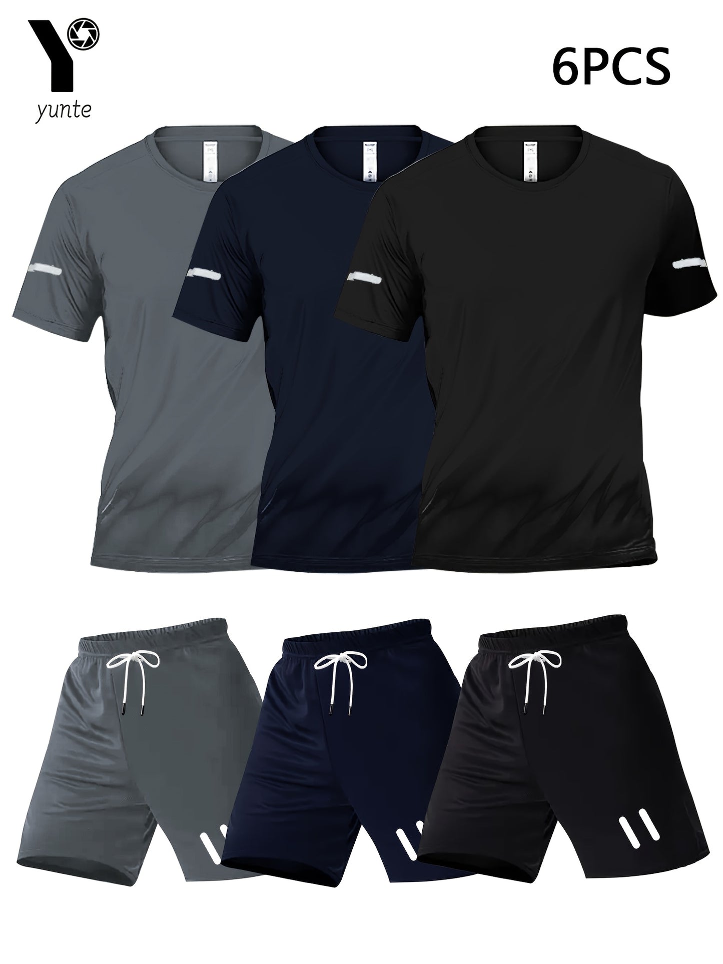 A Set of Three Print Designs for Men'S Casual Sportswear, Featuring Quick-Dry Breathable Short-Sleeve T-Shirts with Round Necks And Elastic Waist Shorts with Pockets, Suitable for Sports And Fitness Activities in Spring, Summ