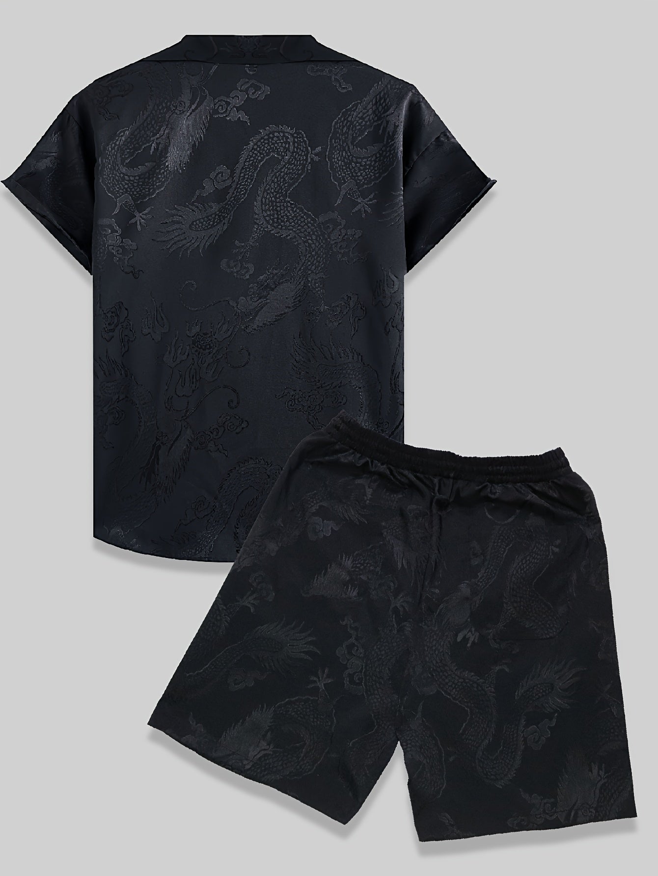 HZCX FASHION Men'S Vintage Summer Beachwear Set - Casual Button-Up Shirt & Drawstring Shorts with Traditional Dragon Design, Non-Stretch Fabric, Regular Fit, Perfect for Casual Attire, Summer Apparel | Casual Beachwear | Draw