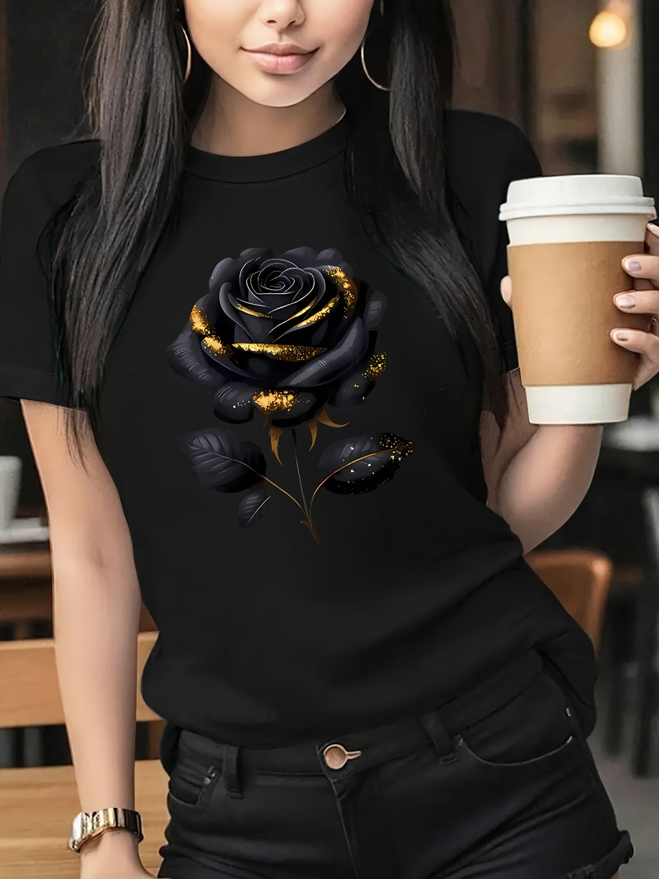 The Black Roseprint t-shirt, short sleeve crew neck casual top for summer & spring, Women's clothing gift