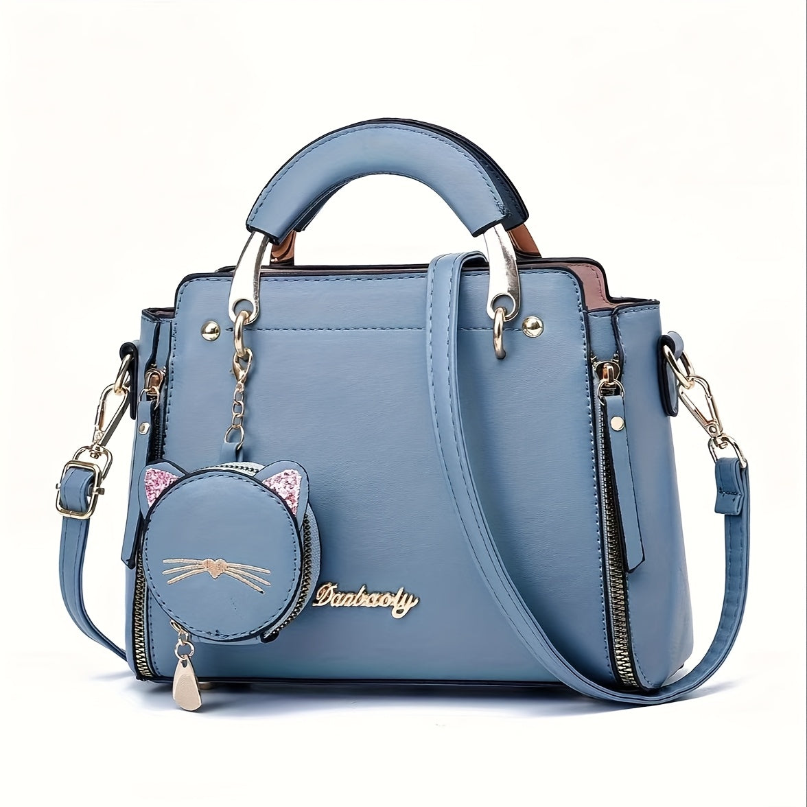 Women'S Fashion Cat Head Handbag, 2025 Trendy Shoulder Bag with Zipper Closure, Polyester Lined, Painted Edges, Versatile Solid Color - White, Red, Black, Pink, Khaki, Grey, Blue, Green, Purple, Light Blue