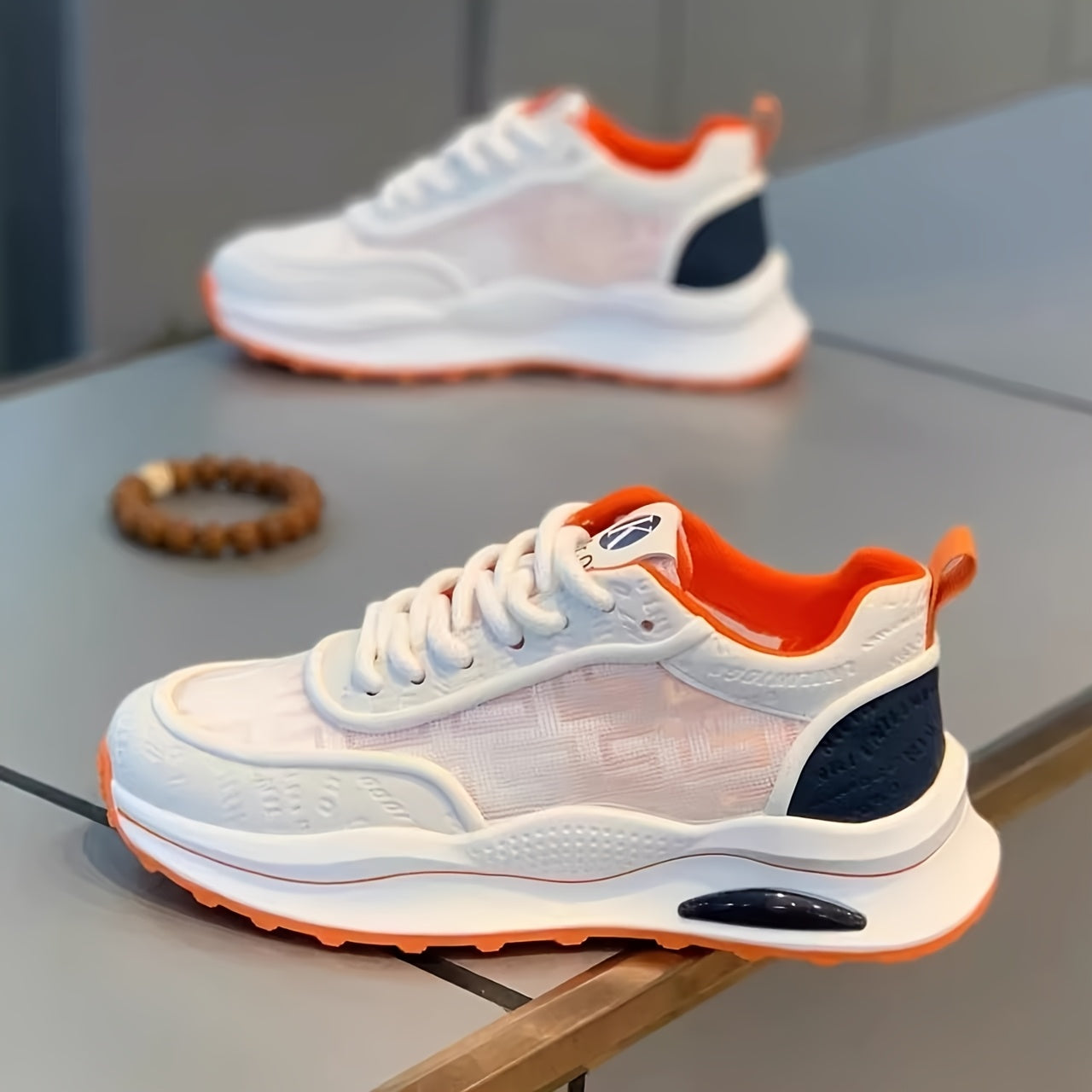 Men's Lightweight Breathable Low-Top Sneakers - PU Upper & PVC Sole, White/Navy/Red Accents, Lace-Up Round Toe for Casual, Outdoor, Running & Gym - All-Season Comfort Shoes, Casual Footwear, Geometric Pattern, Comfortable Fit