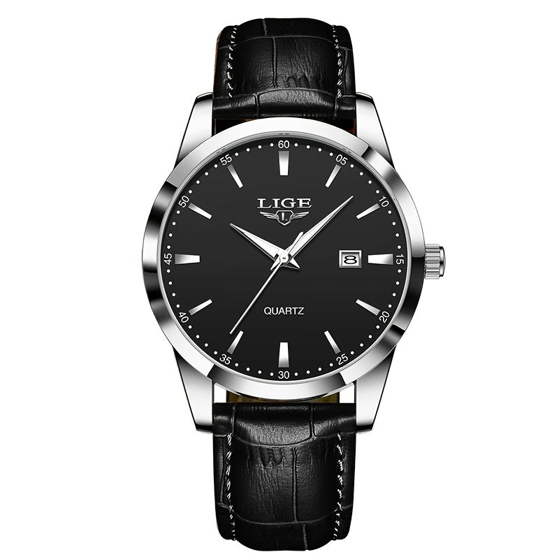A Stylish Timepiece By LIGE Featuring A Blend Of Business And Casual Design, With A Faux Leather Strap, Alloy Case, And A Non-rechargeable Battery.