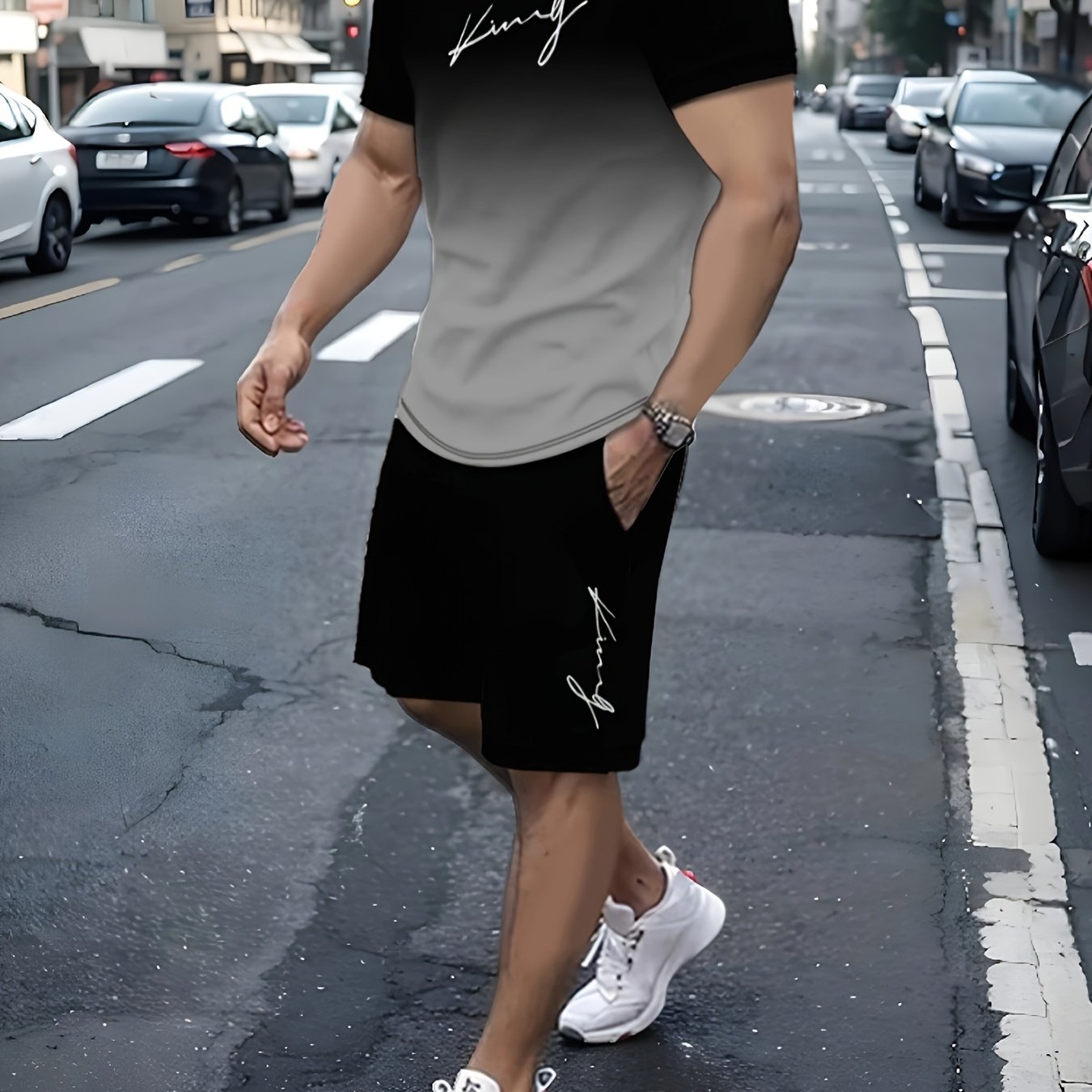 King Signature Men's Two-Piece Athletic Outfit: Graduated Color T-Shirt and Shorts - Summer Collection - High-Quality King Print - Men's Casual Sportswear - Middle East