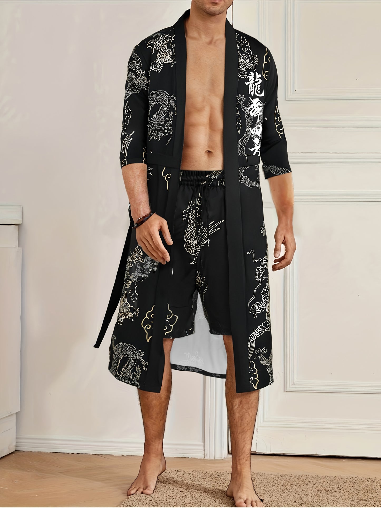 Men'S Dragon Dance Square Dragon Print Robe and Shorts Set - Casual V-Neck, Non-Stretch Polyester Home Wear with Belt Detail, Regular Fit