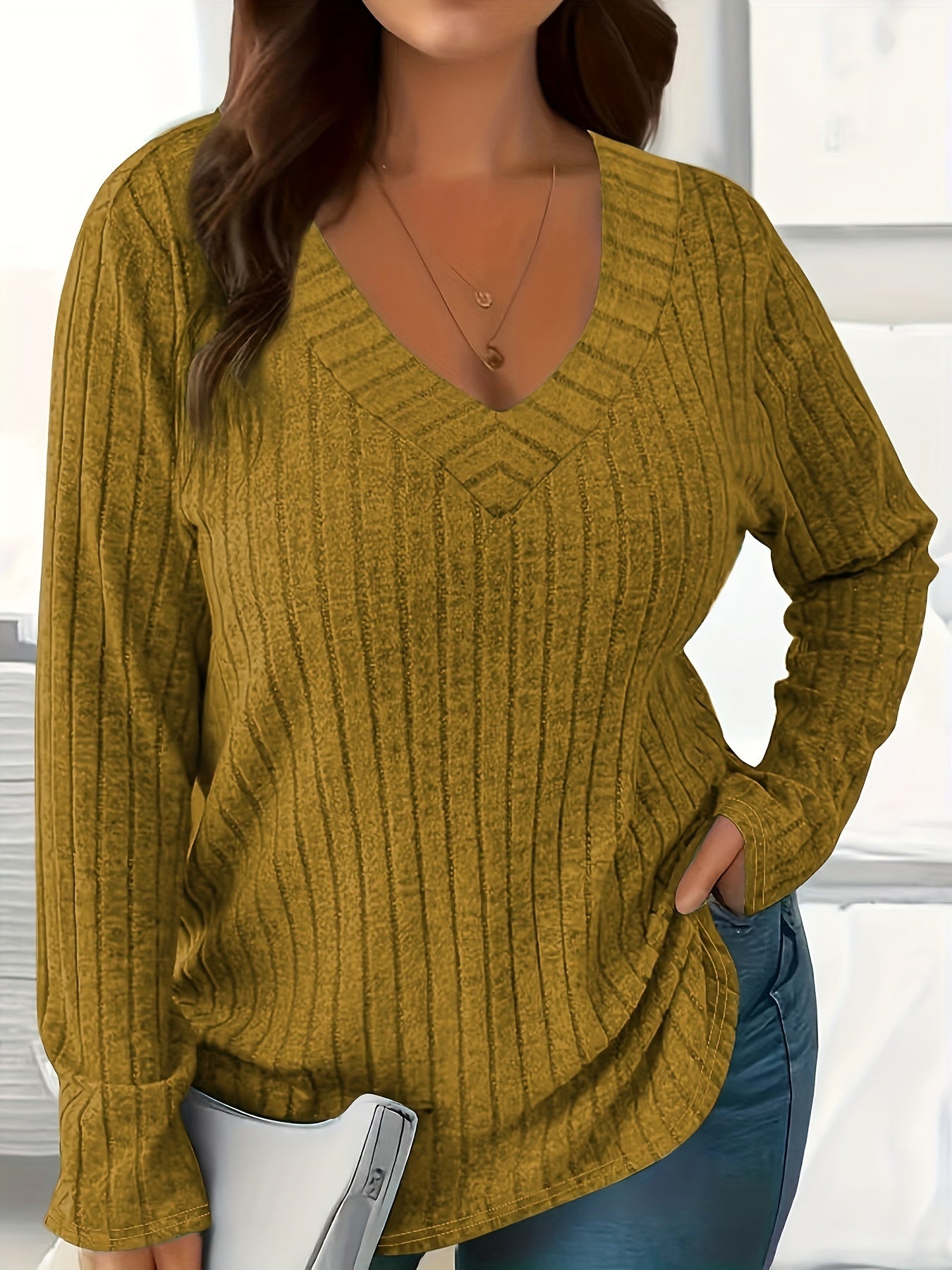 Women's Loose Fit V-Neck Polyester T-Shirt With Soft And Breathable Fabric, All-Season Casual Long Sleeve Tee, Machine Washable