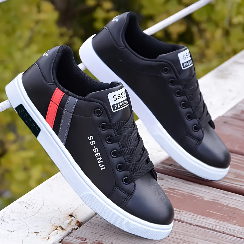 Men'S Fashion Sneakers, White PU Low Top Lace-up Casual Walking Shoes, Solid Striped Design, Breathable Non-Slip, All-Season, Round Toe, Fabric Inner, PVC Sole, Cloth Insole - Preppy Vintage Style