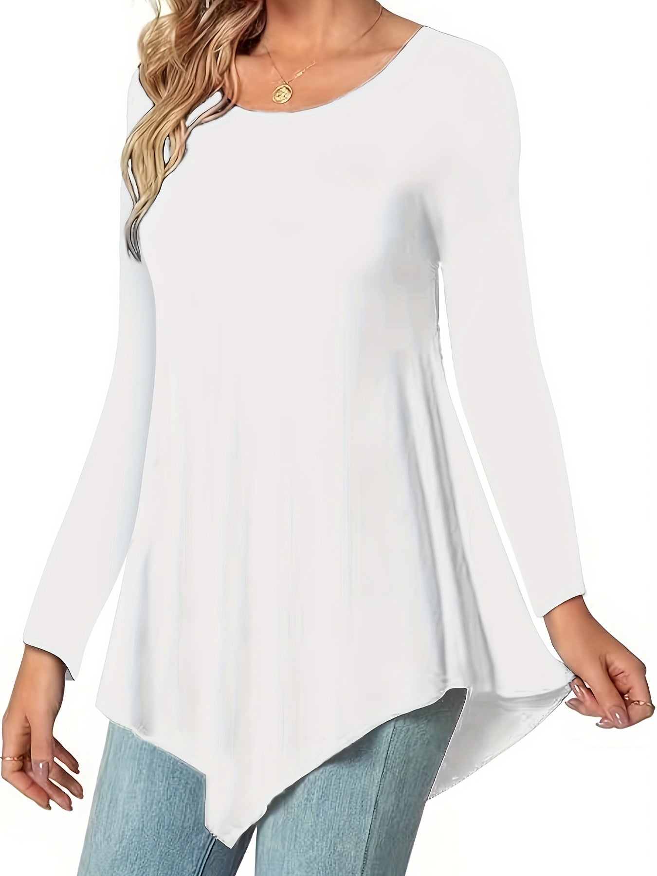 Women's Casual Long Sleeve Tunic Top, Polyester 95% Spandex 5% Knit Fabric, Solid Color Crew Neck Blouse for Spring/Summer/Fall, Spring Summer Blouse|Tunic Style|Solid Color Top