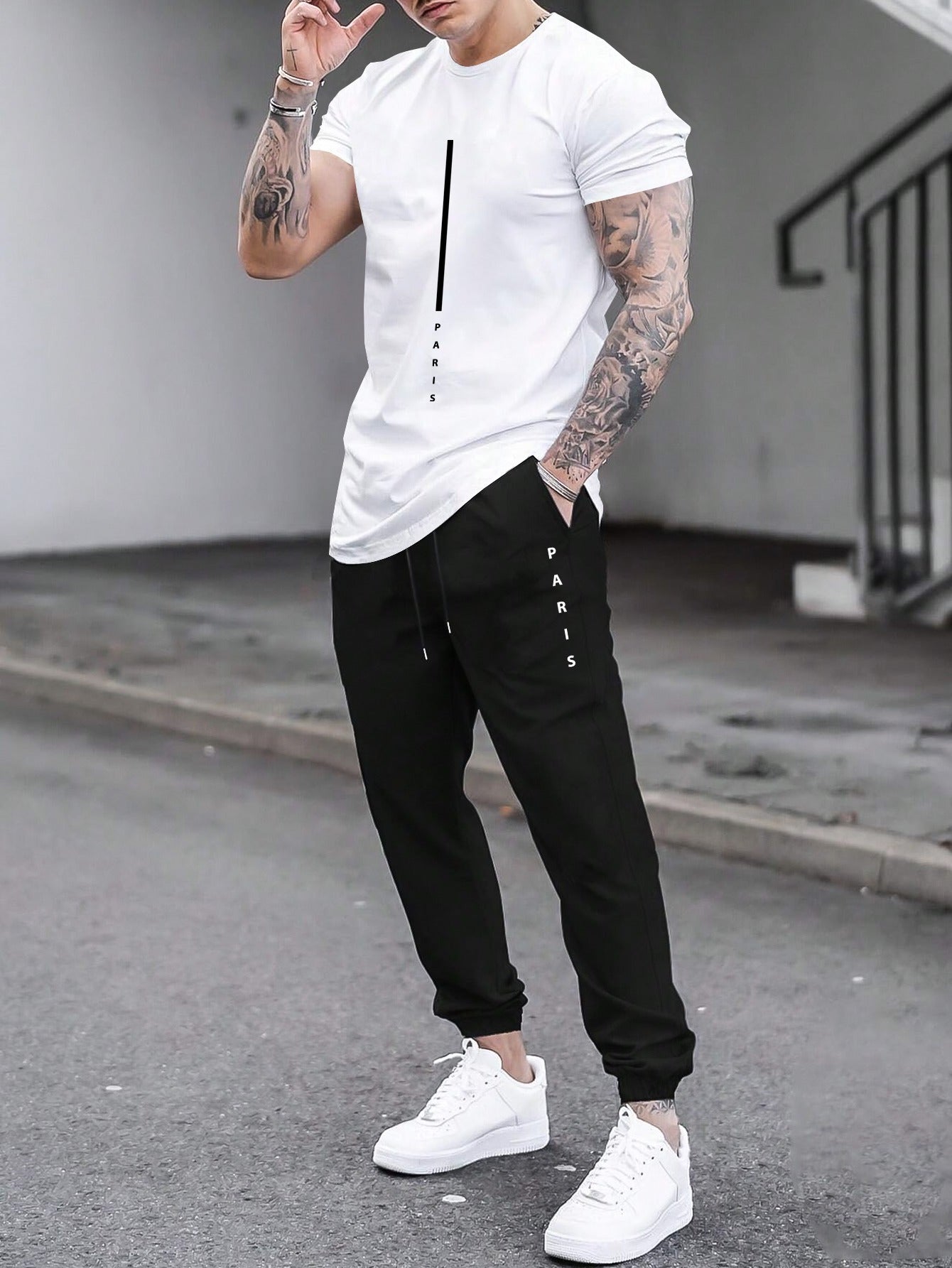 1set Men'S Casual Sportswear Set, Geometric Pattern Short Sleeve T-Shirt and Drawstring Joggers, Knitted Polyester and Elastane Blend, Round Neck, Regular Fit, Four Seasons Outfit