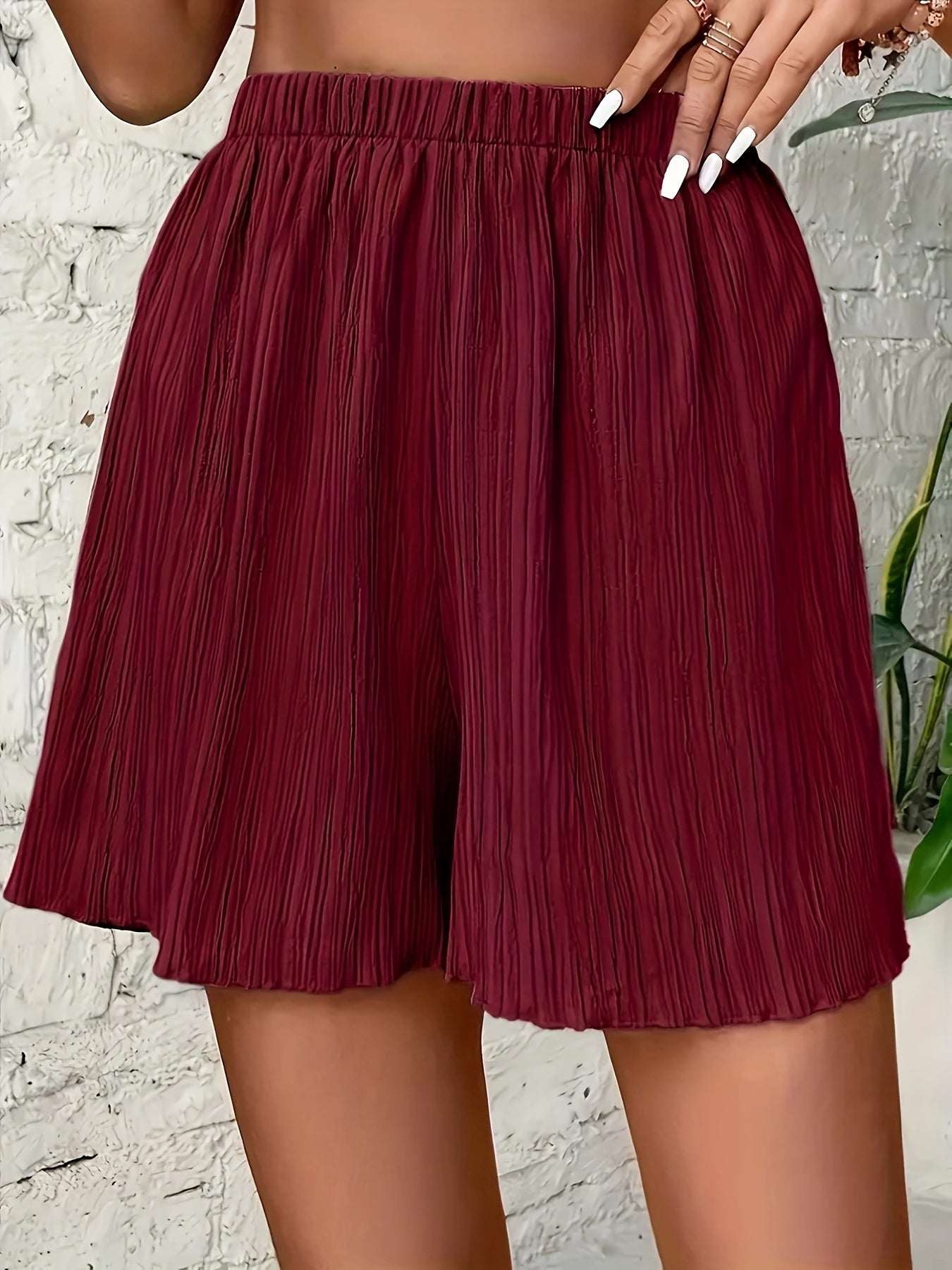 Solid Color Textured Shorts, Vacation Elastic Waist Loose Shorts For Spring & Summer, Women's Clothing