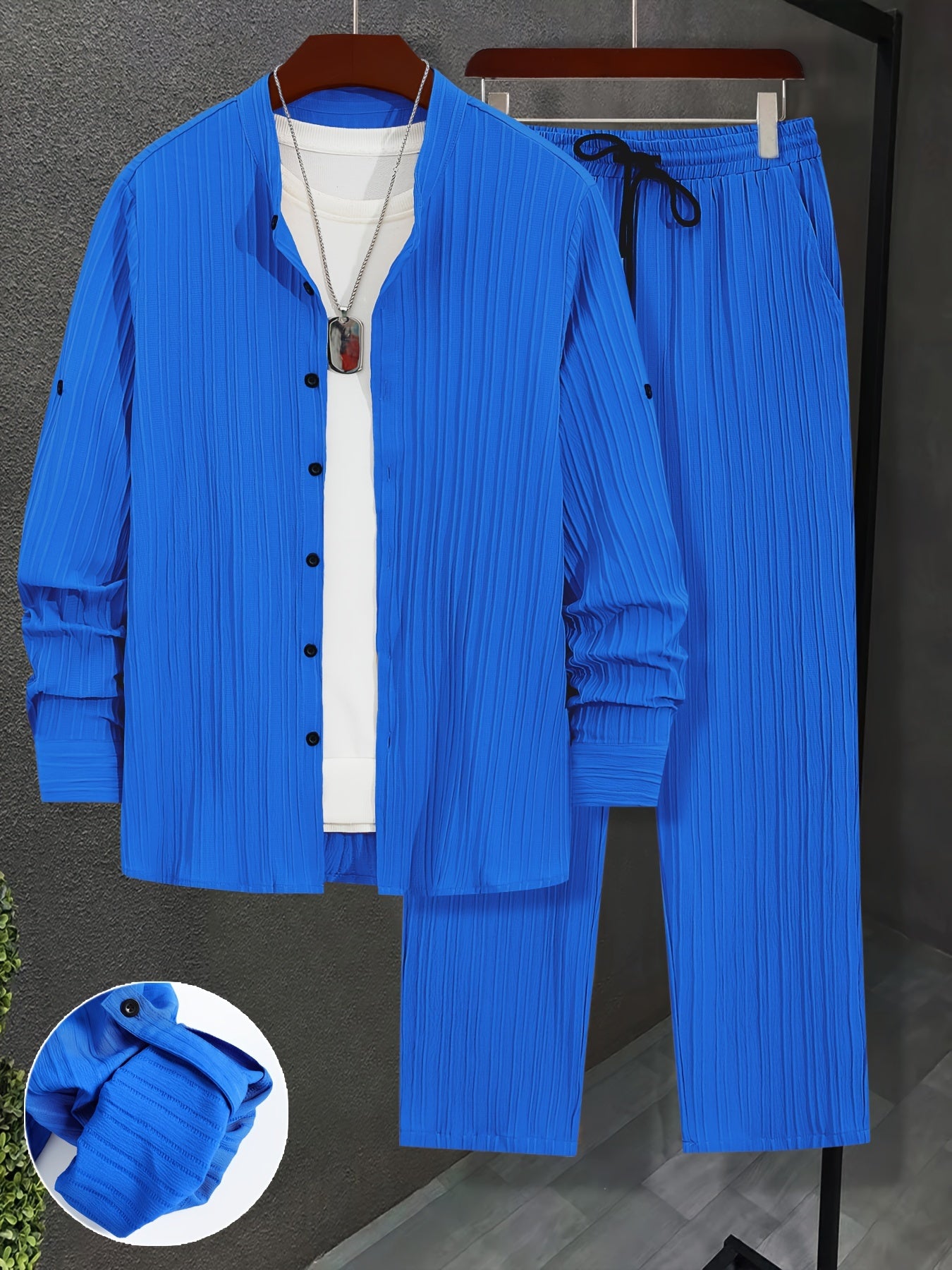 Men'S Two-Piece Set Featuring Textured Fabric, Versatile Long-Sleeve Shirt with Ear Loops, And Loose Drawstring Casual Pants.