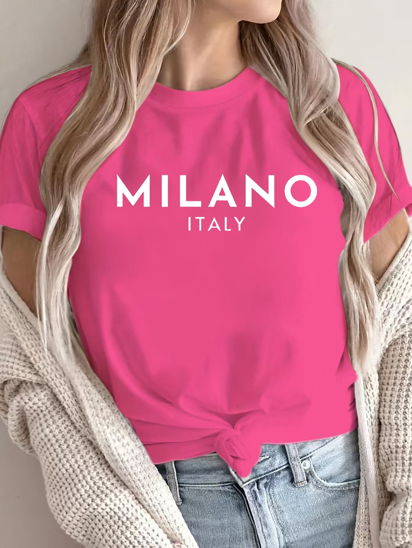 Women'S Casual Polyester T-Shirt with "Milano Italy" Letter Print, Short Sleeve Crew Neck Top, All-Season Knit Fabric Tee, Regular Length - 180gsm