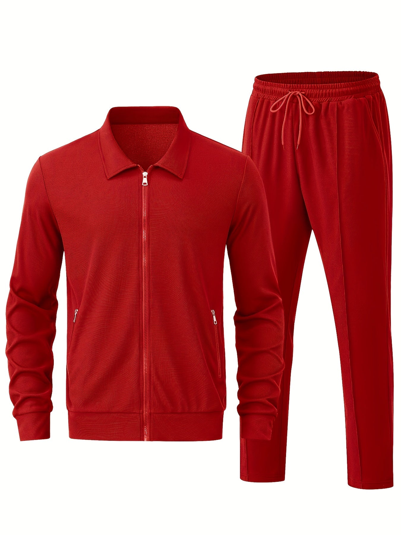 Men's Solid Waffle 2pcs Athletic Outfits, Zip-up Jacket & Pants co ord set for Outdoor Sports