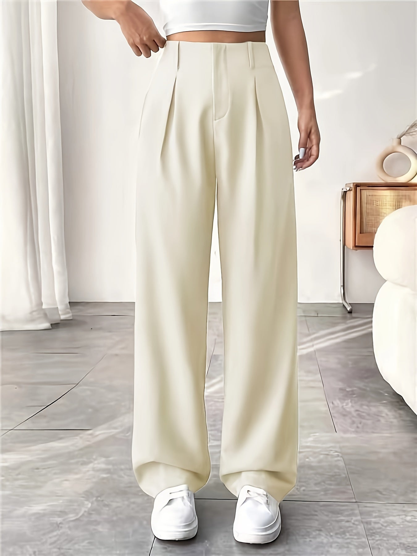 Women's Casual Wide-Leg Pants with High Waist and Slight Flare - Solid Color, Polyester, Machine Washable