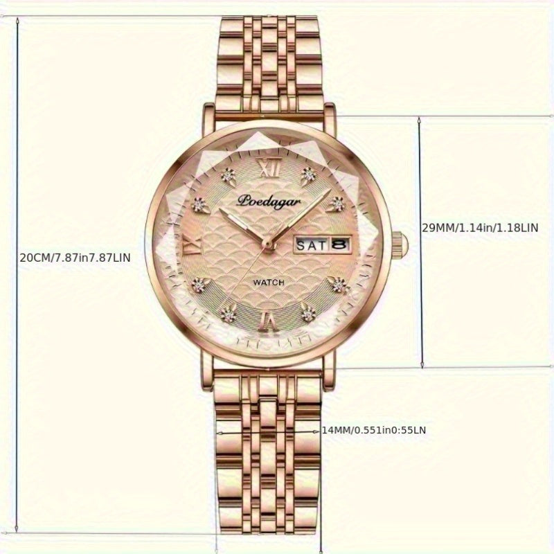 1pc POEDAGAR Elegant Women'S Quartz Watch - Luxurious Rose Golden-Tone with Luminous Hands, Calendar Display, Alloy Case & Band, Quartz Movement, Fashion Accessory|Elegant Timepiece|Rose Golden Finish, Watch Accessories