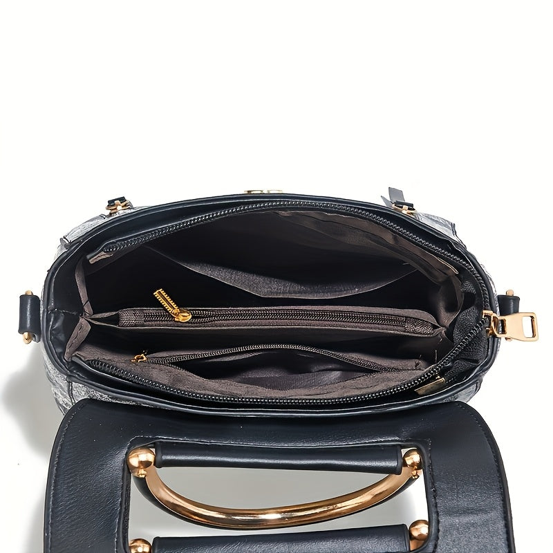 Elegant Handbag for Wo, Geometric Print, Multi-Layered Fashion Handbag with Zipper Closure, Polyester Lined, Edge Paint Detail, Versatile for Various Occasions - Blue/White/Pink/Black