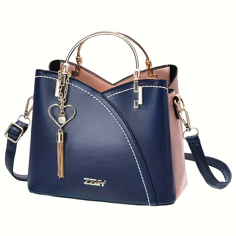 Elegant Light Blue & Pink Handbag with Golden-Tone Hardware, Heart Pendant Charm, And Detachable Shoulder Strap - Perfect Gift for Mom Or Family, Stylish Women'S Clutch Bag, Cute Purse