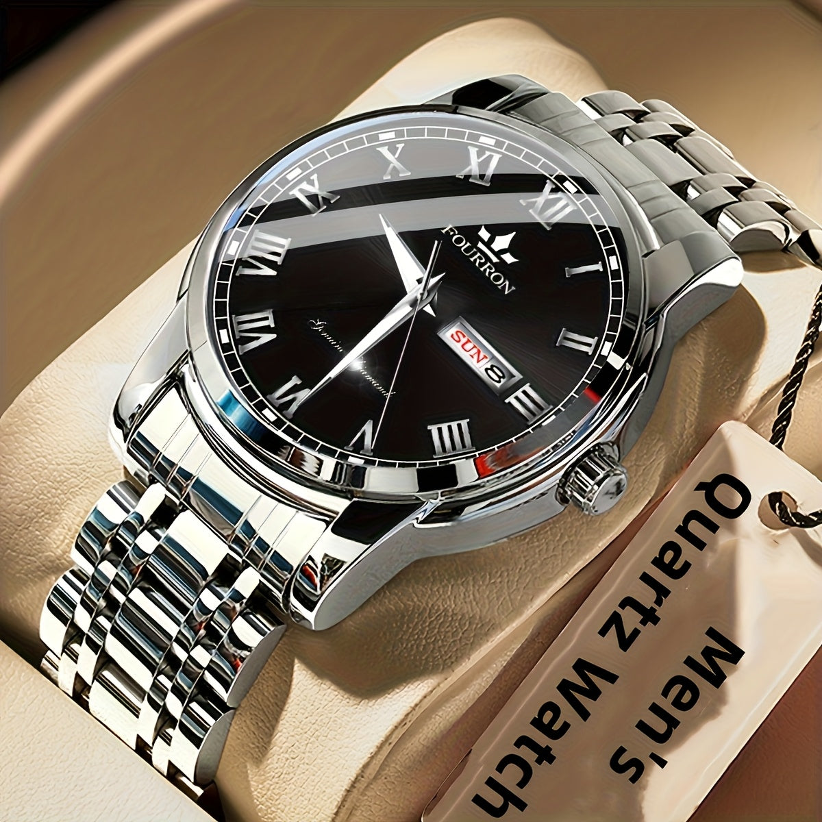 FOURRON Men'S Quartz Watch - Stainless Steel Band, Roman Numerals, Luminous, Waterproof, Ideal for Birthday & Holiday Gifts