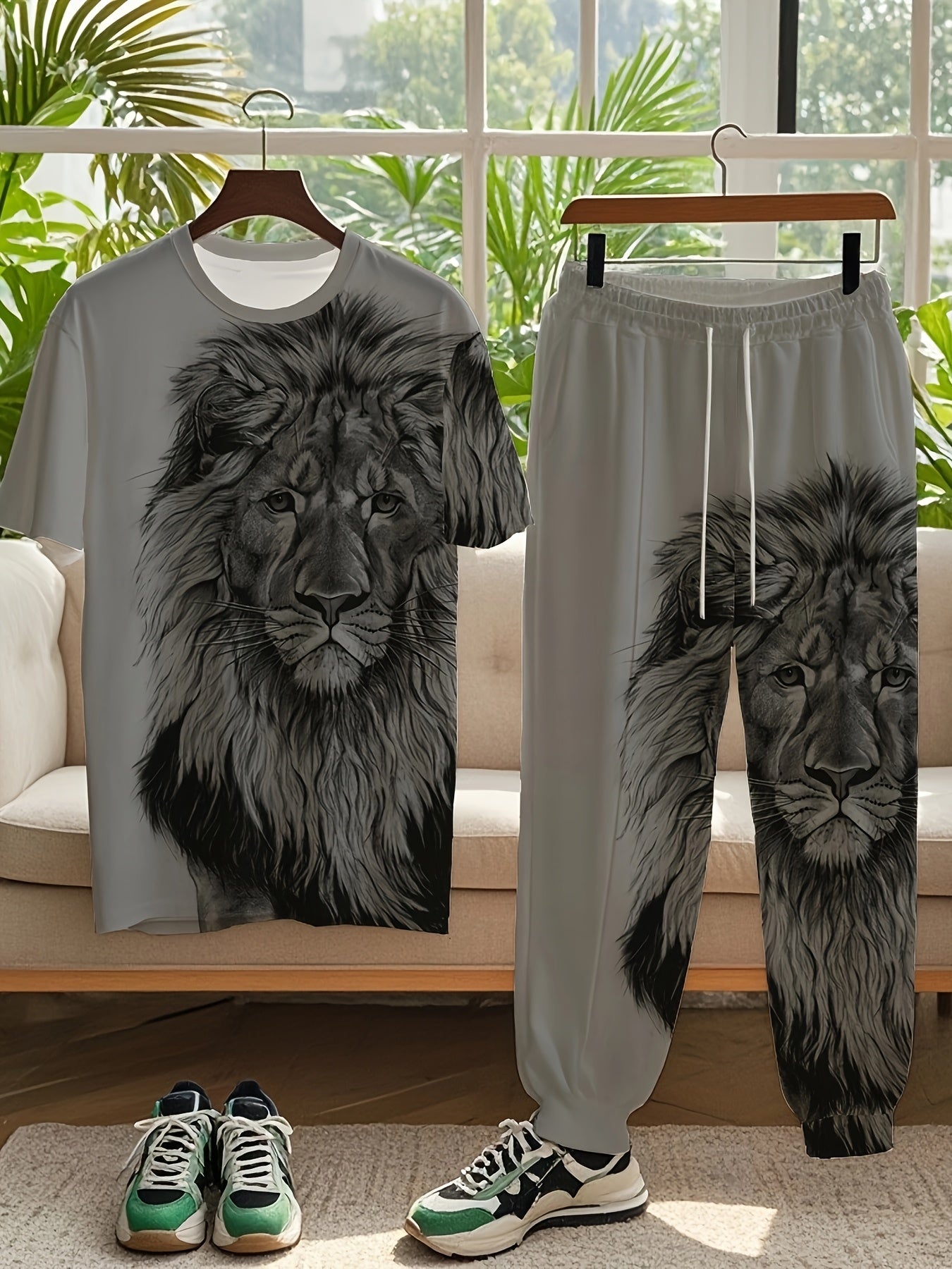 1 Set Men'S Plus Size 2pcs Summer Casual Outfit, Lion Print Short Sleeve T-Shirt and Sweatpants Set, Sports and Holiday Leisure Wear, Crew Neck, Knit Fabric with Slight Stretch, Polyester and Spandex Blend