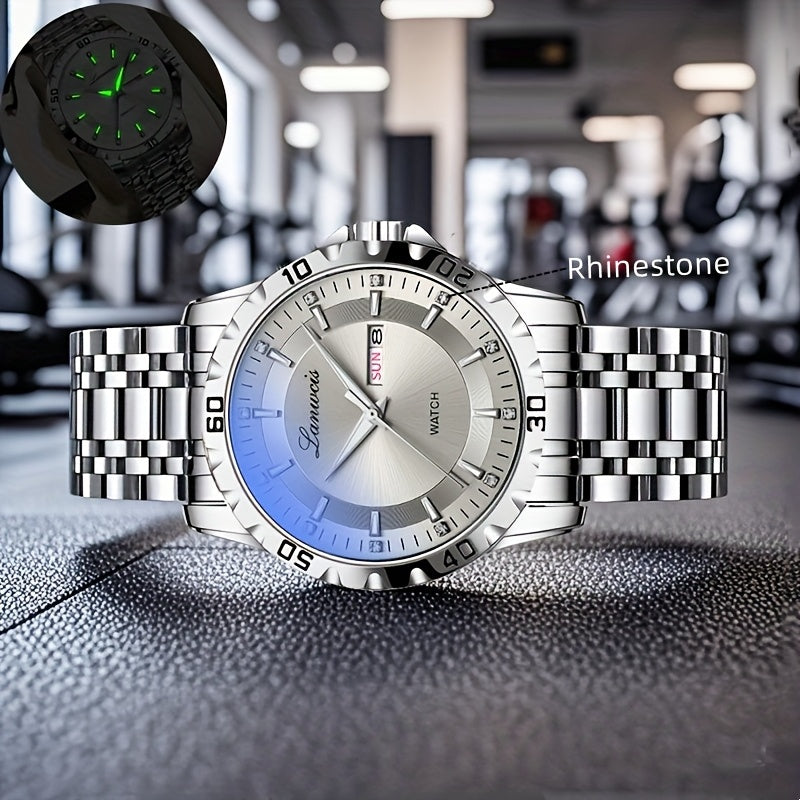 1pc Men's Business Style Stainless Steel Strap Watch - IPX7 Waterproof, Luminous Hands & Dial, Calendar & Week Display, Quartz Movement, Travel Leisure Sports Watch with Gift Box, Luxury Wristwatch | Sleek Metallic Finish | D