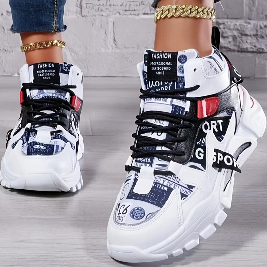 Women'S Comfortable Geometric Patterned Sports Shoes - Lightweight, All-Season, Mid Top, Lace Up, Plain Toe, Polyurethane Upper, Fabric Inner and Insole, MD Sole, Random Printing