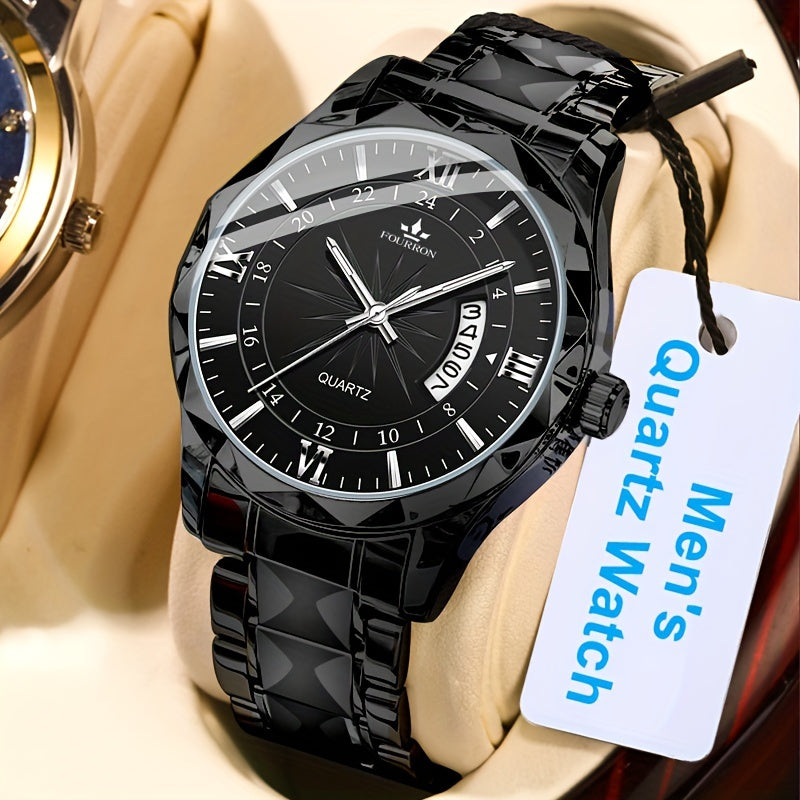 A New FOURRON Brand Men's Quartz Watch With Stainless Steel Strap And Case, Trendy And Luxurious Multi-functional Roman Numeral Dial, Luminous Watch, A Great Gift For Friends' Birthdays, Holidays, And Parties.