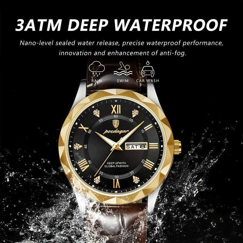 POEDAGAR Men's Casual Fashion Quartz Watch, Water-Resistant 3ATM, Round Alloy Case, Luminous Hands, Calendar Feature, Battery Powered with Electronic Drive, Faux Leather Strap