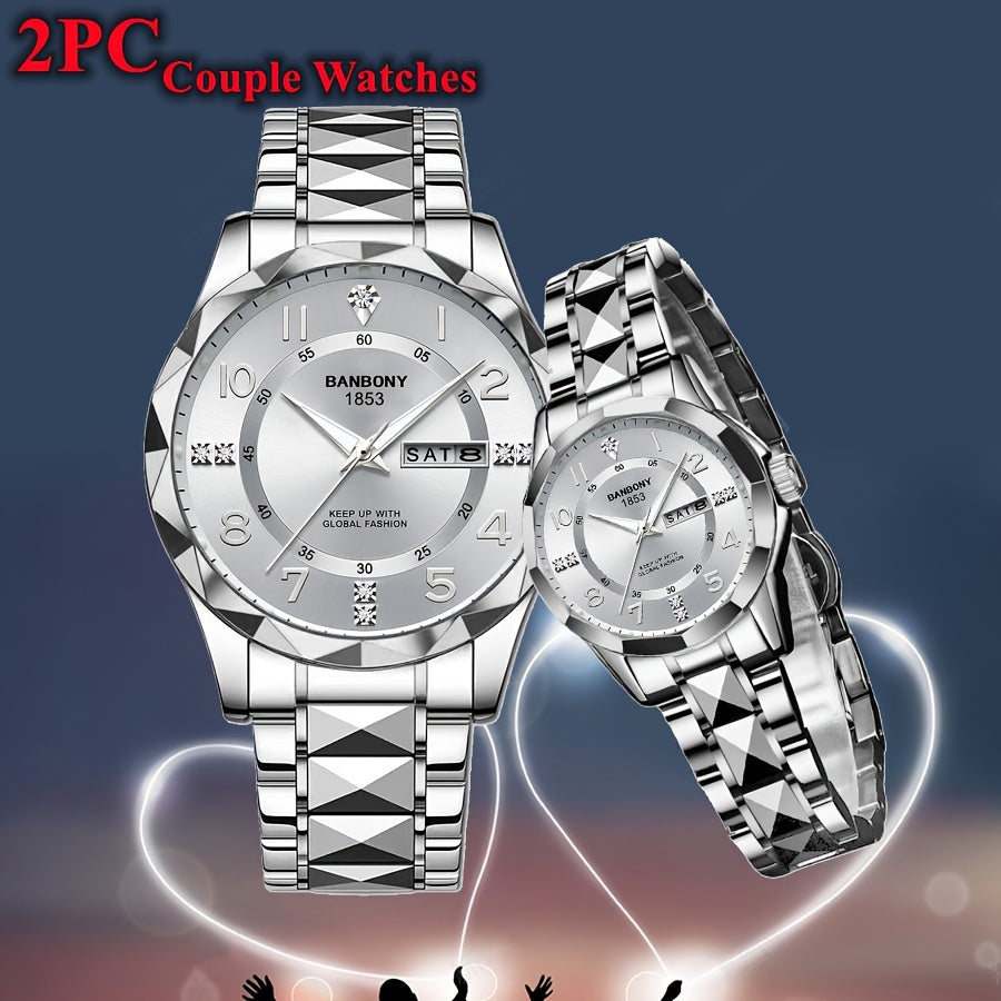 2pcs BNDBONY Brand Men And Women Couples Quartz Watch Stainless Steel Strap Scratch-Resistant Wear Luminous Pointer Digital Simple Hd Disc IPX7 Waterproof Fashion Multifunctional Couples Watch Holiday Couples Lover Birthday G