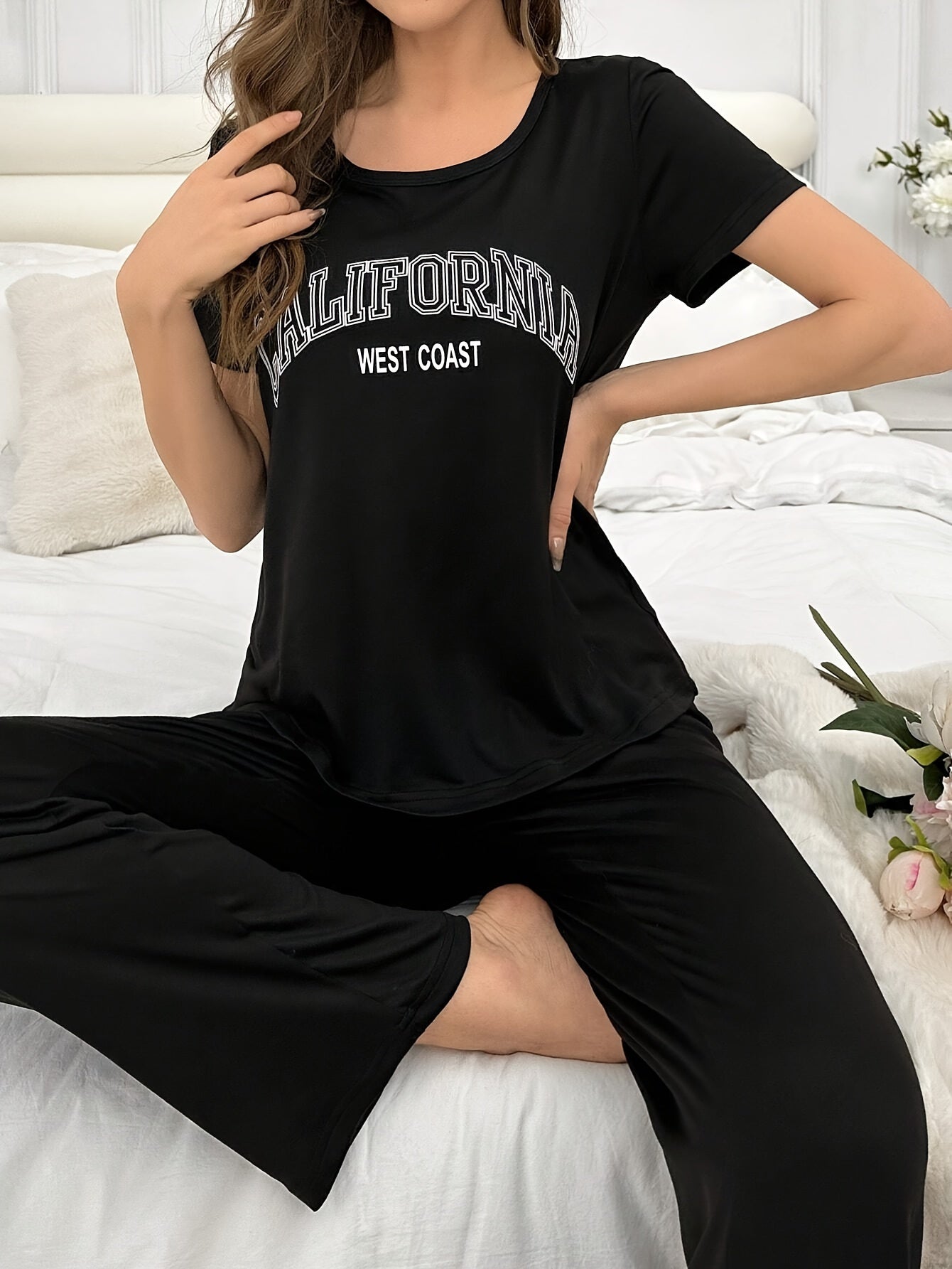 Women'S California West Coast Slogan Printed Pajama Set, Casual Crew Neck Short Sleeve Top and Pants, Polyester Knit Fabric, All Season Comfort Wear, 95% Polyester 5% Elastane, 140gsm