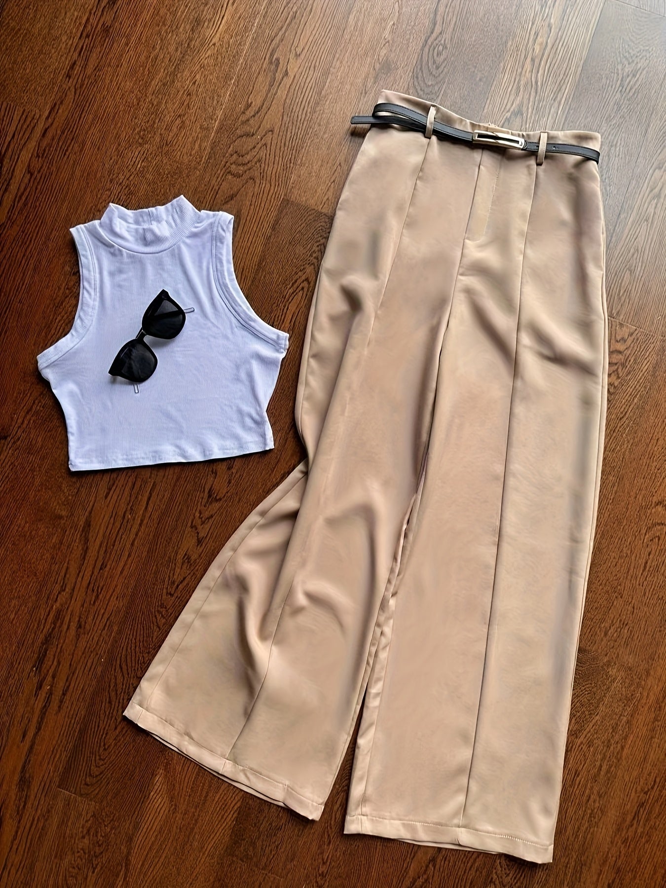 Summer Sexy Half-Turtleneck Sleeveless Vest + Versatile Western Flare Pants Set with Belt