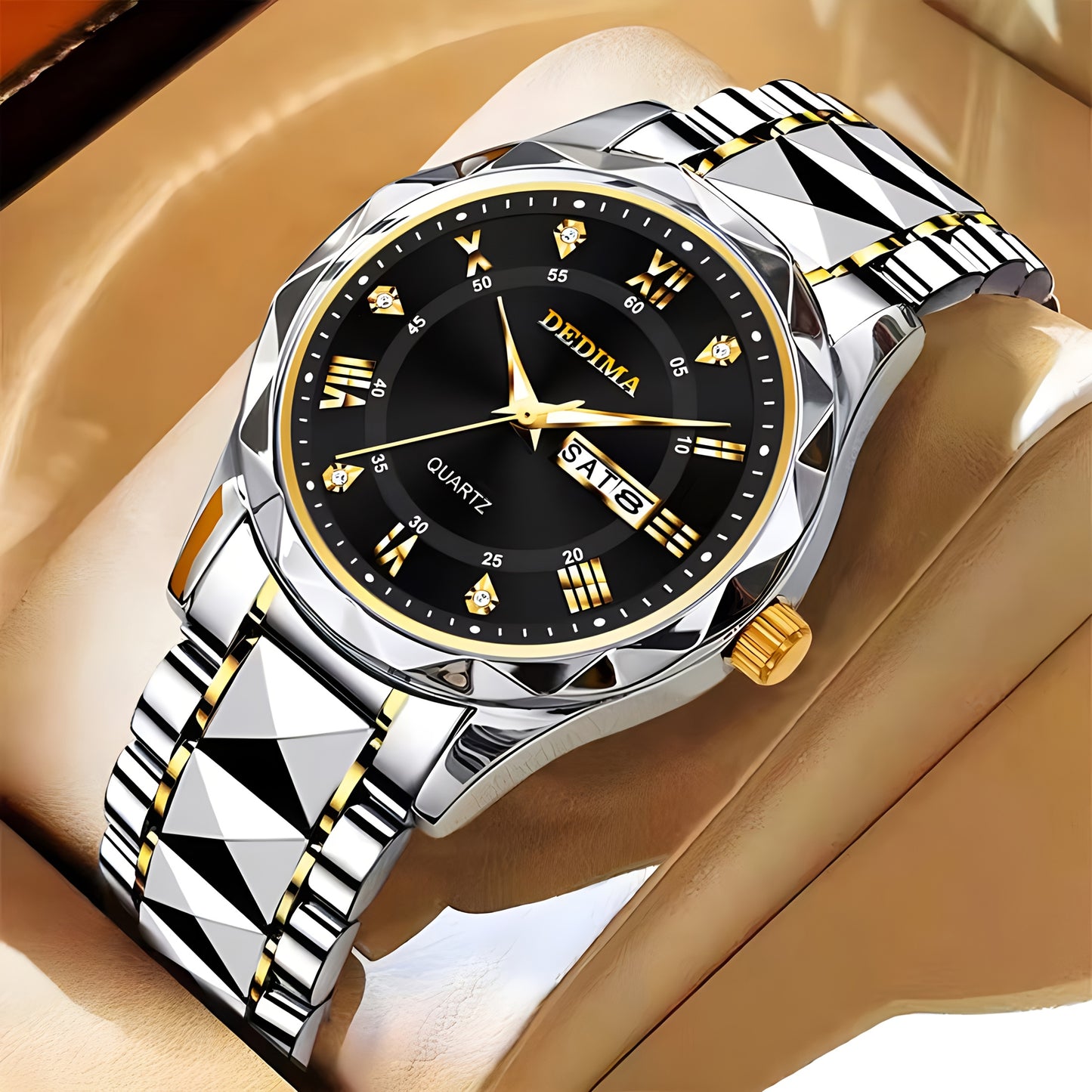 Elegant Men's Stainless Steel Watch with Dual Calendar, Luminous Display & Rhinestone Accents - Perfect for Business or Casual Wear