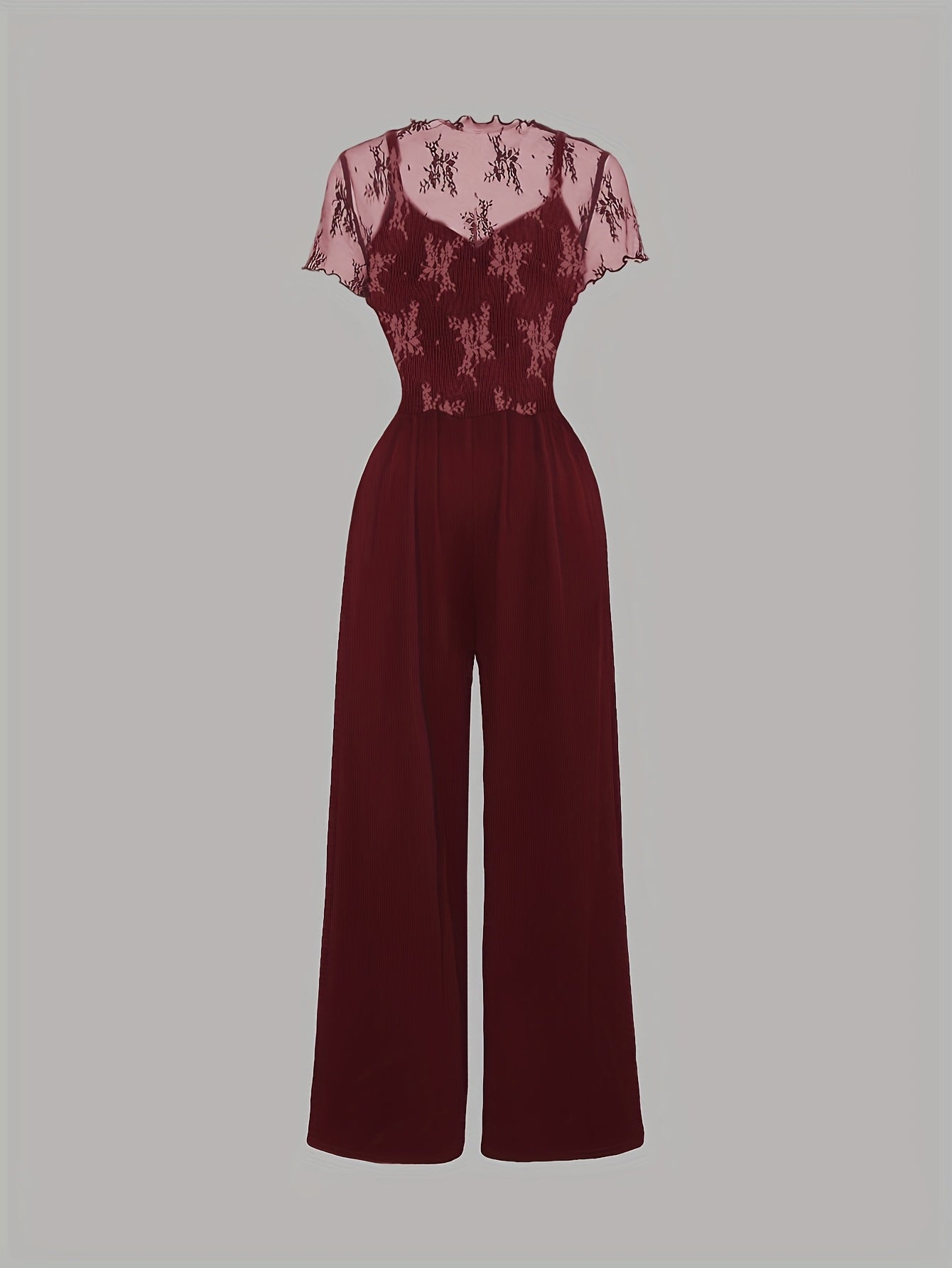 Elegant Mesh Long Sleeve Crop Top & Bodycon Wide-Leg Jumpsuit Set - Chic V-Neck, Ruched Detail, Black Mesh Blouse with Spaghetti Straps, Wide Leg Pants for Spring/Summer, Women'S Fashion, Clothing | Relaxed Fit | Chic Desig