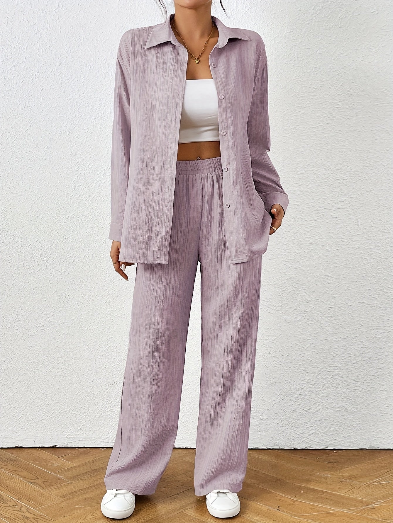 2pcs Women Spring & Autumn Casual Solid Color Long Sleeve Shirt And Pants Set