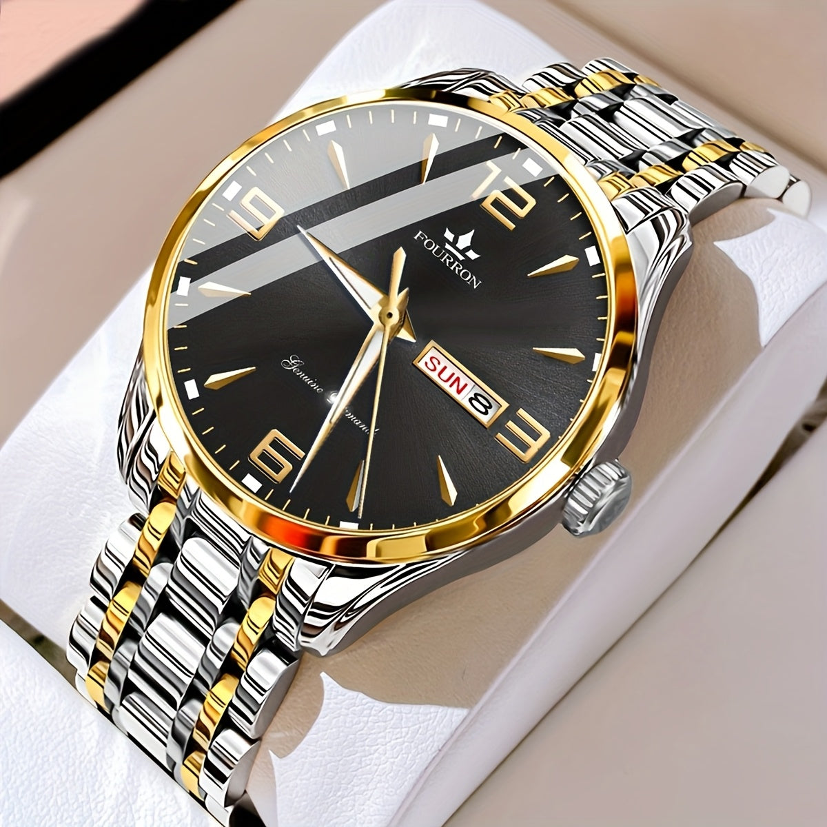 1pc New FOURRON Men's Stainless Steel Strap Quartz Watch - Large HD Scratch Resistant and Wear-Resistant Dial, IPX7 Waterproof, Luminous, Date & Calendar Function, Silent Movement, Stylish Gift for Him