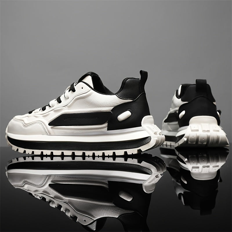 Men's Breathable Casual Sneakers - Trendy Low-Top Lace-Up Sneakers with Soft Rubber Sole, White & Black Design for Spring/Summer, Perfect for Running and Casual Attire, Versatile Running Footwear | Sporty Aesthetic Shoes | Co